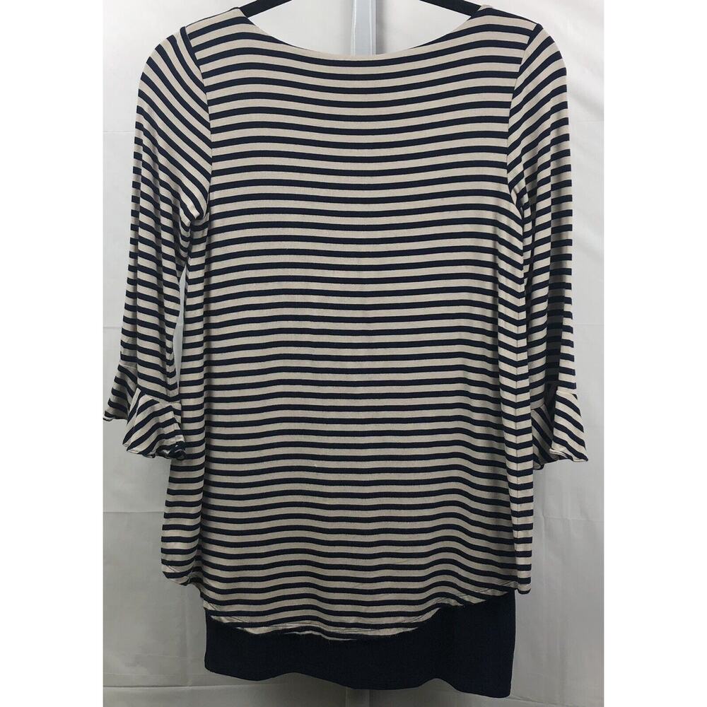 White House Black Market Top Women XS Blue Beige Stripe Layered Tunic Stretch - Picture 2 of 12